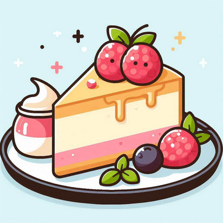 Illustration of a piece of cake with raspberries and blueberriesのイラスト素材