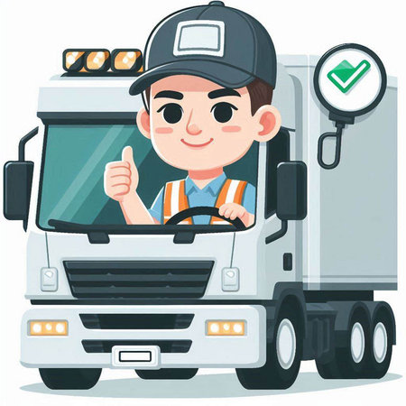 Courier driving a truck with thumbs up. Vector illustration.のイラスト素材