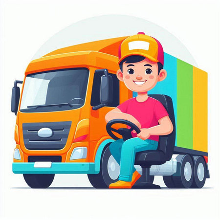Cute little boy driving a truck. Vector illustration in cartoon styleのイラスト素材