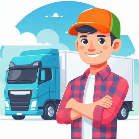 Young delivery man standing with crossed arms. Vector illustration in cartoon styleのイラスト素材