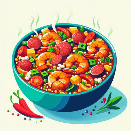 Vector illustration of a bowl of shrimp soup with vegetables and herbs.のイラスト素材