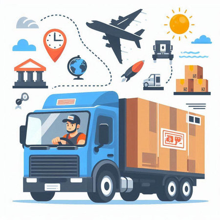Delivery service concept. Cargo truck with packages and icons. Vector illustrationのイラスト素材