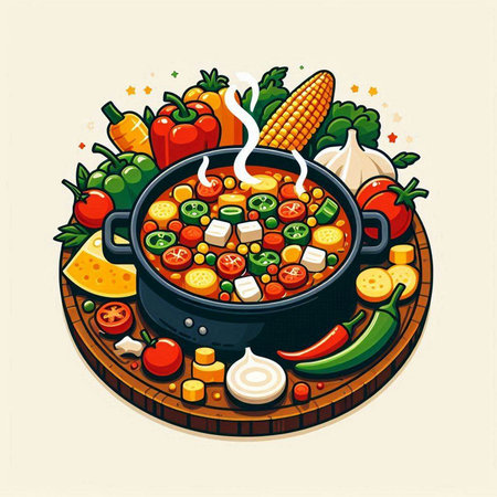 Cooking soup with vegetables in a cauldron. Vector illustration.のイラスト素材