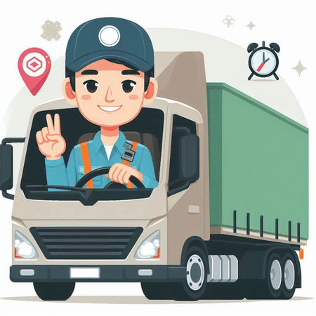 Delivery man in uniform and cap driving a truck. Vector illustration.のイラスト素材