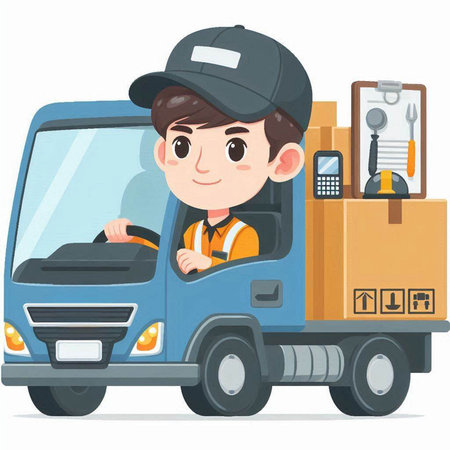 Delivery man in uniform and cap driving truck. Vector illustration on white background.のイラスト素材