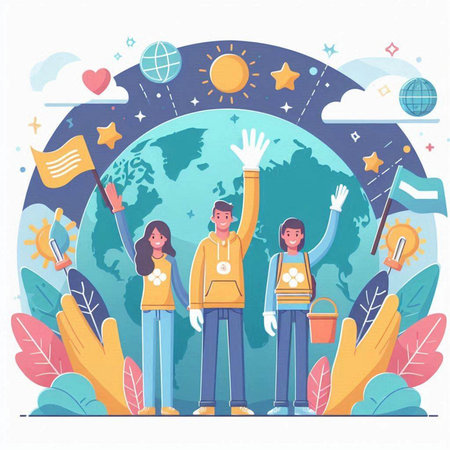 Group of happy people standing on the background of the planet. Vector illustrationのイラスト素材