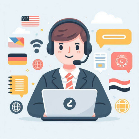 Customer support operator with headset and laptop. Flat design vector illustration.のイラスト素材