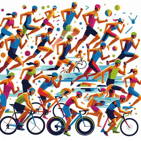 Vector illustration of a group of active people riding bicycles and doing sportsのイラスト素材