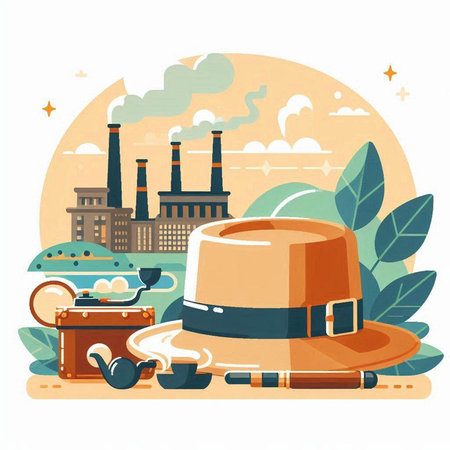 Vector illustration of a hat and smoking pipe on the background of a factoryのイラスト素材