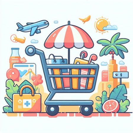 Vector illustration of a shopping cart with luggage. Travel and tourism concept.のイラスト素材