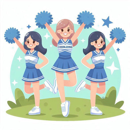 Cheerleaders in the park. Cheerful cheerleaders. Cheerleaders in the park.のイラスト素材