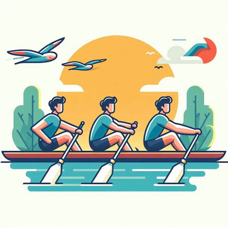 Group of people rowing on a boat. Vector illustration in flat styleのイラスト素材