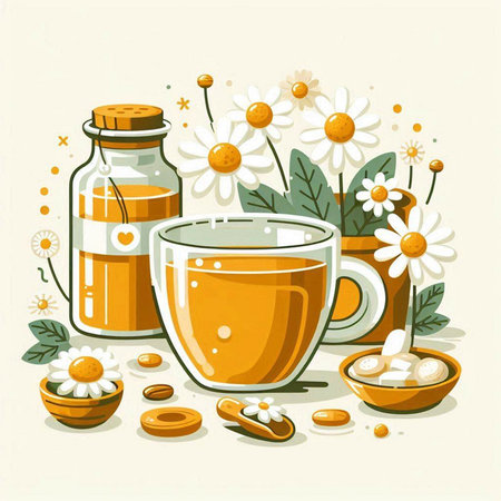Cup of herbal tea with chamomile. Vector illustration.のイラスト素材