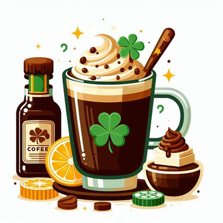 Cup of coffee with clover leaf, orange slice, chocolate chips, lemon and syrup. Saint Patricks Day vector illustration.のイラスト素材