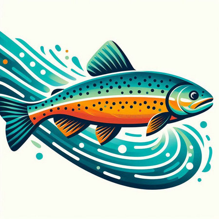 Vector illustration of a rainbow trout swimming in the waves of the seaのイラスト素材