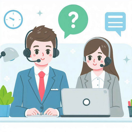 Illustration of a call center agent and customer service worker with a laptopのイラスト素材