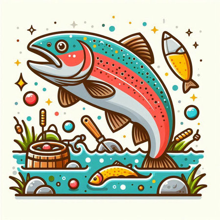 Colorful vector illustration of a stylized rainbow trout with fishing equipment and fish.のイラスト素材