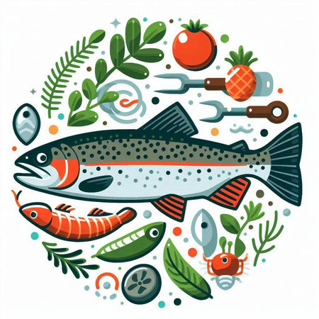 Vector illustration of fresh salmon with vegetables and seafood in circle shape.のイラスト素材