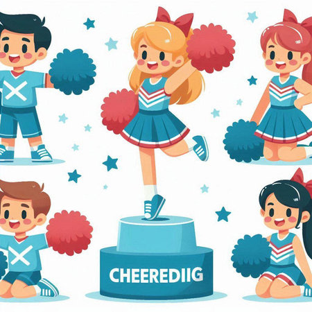 Cheerleader cartoon character set. Cheerleader girl and boy with pom poms on pedestal vector illustrationのイラスト素材