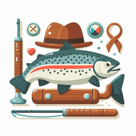 Fishing set of icons. Vector illustration in flat cartoon style.のイラスト素材