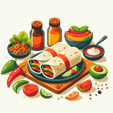 Mexican burrito with meat, vegetables and sauce. Vector illustrationのイラスト素材