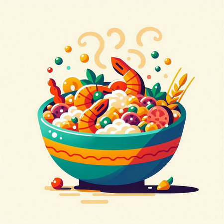 Vector illustration of a bowl of oatmeal with prawns and carrotsのイラスト素材