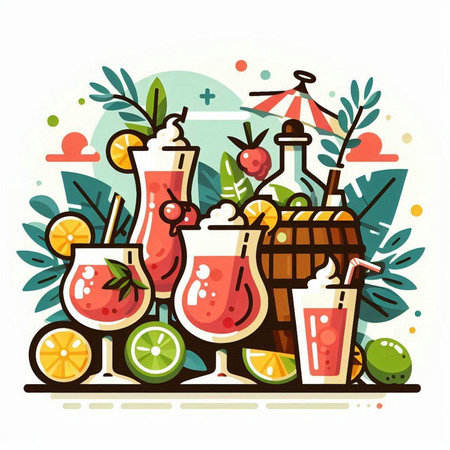 Set of summer cocktails. Vector illustration in flat cartoon style isolated on white background.のイラスト素材
