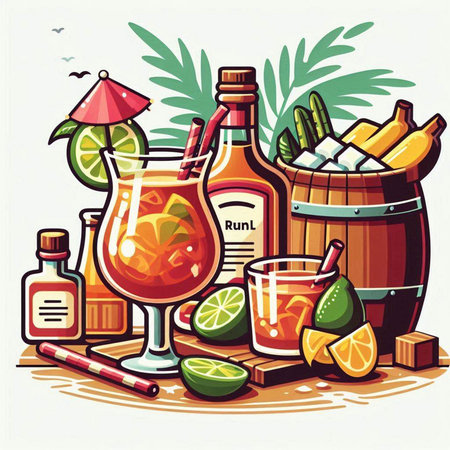 Cocktail set with tequila, lime, ice and rum. Vector illustrationのイラスト素材