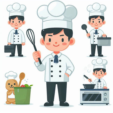 Chef character vector illustration set. Cartoon chef in uniform and hat cooking.のイラスト素材