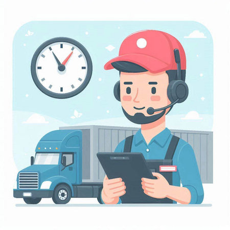 Delivery man in uniform and headset with clipboard and truck vector illustration.のイラスト素材