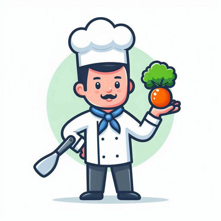 Chef with vegetables in hand, vector illustration. Cartoon character.のイラスト素材