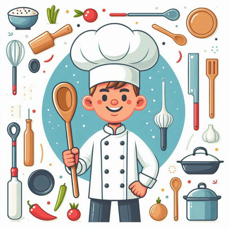 Chef boy cartoon character with kitchen utensils. Vector illustrationのイラスト素材
