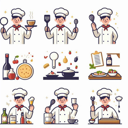 Chef character vector illustration. Set of food and drink icons.のイラスト素材