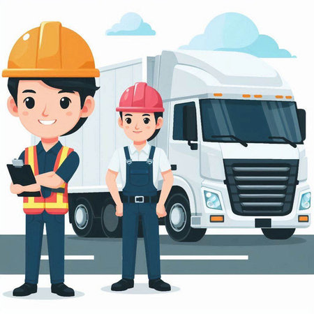 Warehouse workers in uniform and hardhat with clipboard. Vector illustration.のイラスト素材