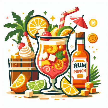 Cocktail with rum, lemon, ice and mint. Vector illustrationのイラスト素材