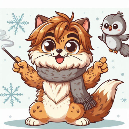 Vector illustration of Cute cartoon fox with owl and snowflakesのイラスト素材