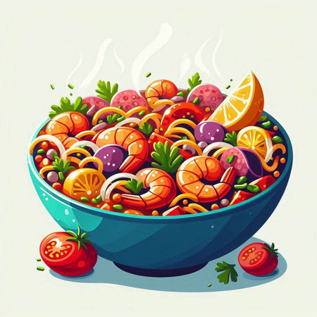 Salad with shrimps and vegetables in a bowl. Vector illustration.のイラスト素材