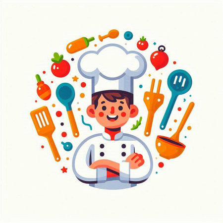 Cute little boy chef character. Vector illustration in cartoon style.のイラスト素材