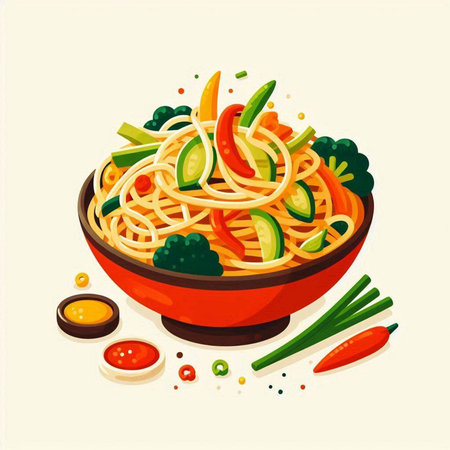 Bowl of noodle with vegetables and sauce. Vector illustration.のイラスト素材