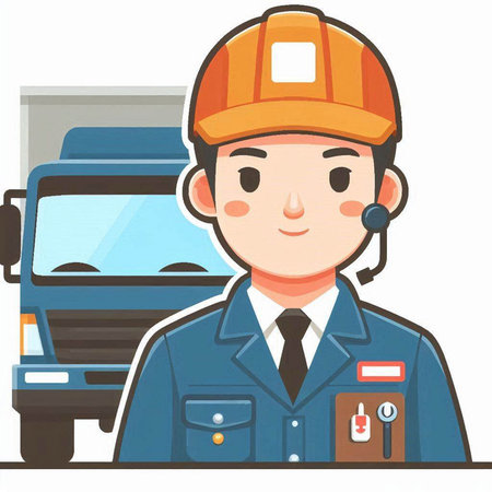 An illustration of a male security guard wearing a helmet standing in front of a truckのイラスト素材