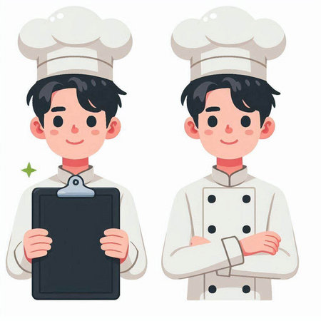 Chef and cook holding clipboard. Vector illustration in cartoon style.のイラスト素材