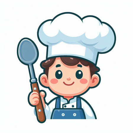 Cute little chef holding spoon and ladle. Vector illustration.のイラスト素材