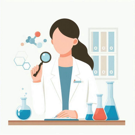 Scientist woman working in laboratory. Vector illustration in flat style.のイラスト素材
