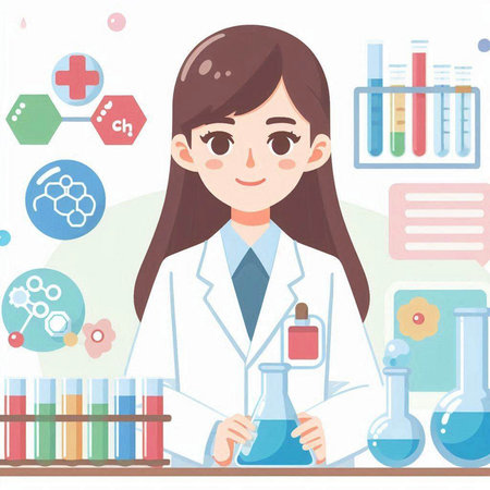 Young female scientist in a laboratory. Vector illustration in flat style.のイラスト素材