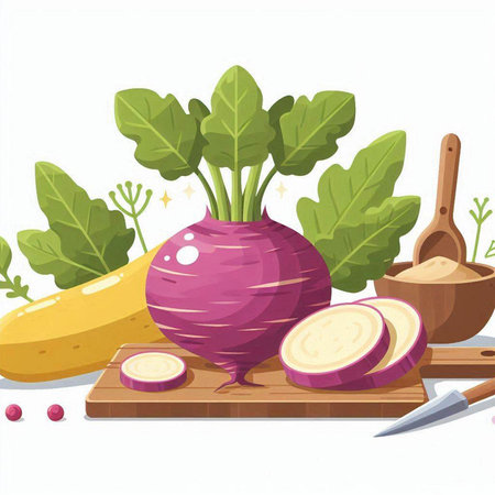 Vector illustration of fresh vegetables on cutting board. Vegetarian food.のイラスト素材