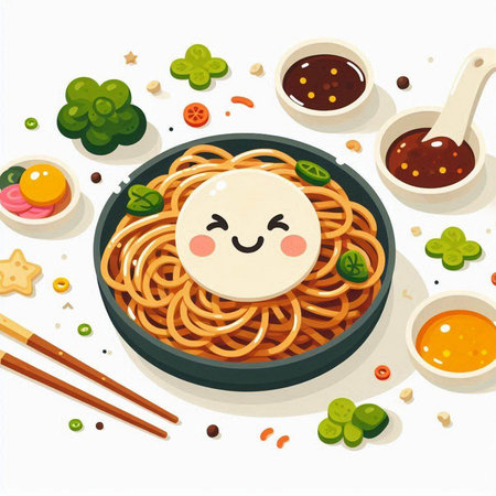 Cartoon kawaii udon noodle with kawaii faceのイラスト素材