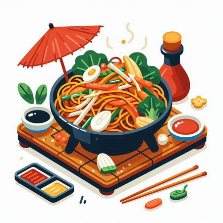 Soba noodles with vegetables and sauce in a wok. Vector illustrationのイラスト素材