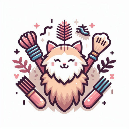 Cute cat with autumn leaves and plants. Vector illustration in cartoon style.のイラスト素材