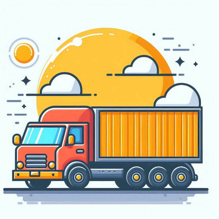 Cargo truck on the background of the sun and clouds. Vector illustration.のイラスト素材