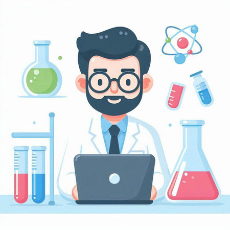 Scientist with laptop in laboratory. Vector illustration in flat style.のイラスト素材